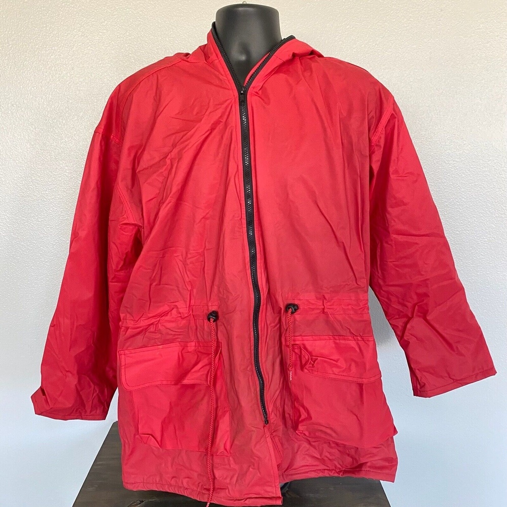 Vintage WIPPETTE Rainthings Red Vinyl Fleece Jacket Rain Coat Hoodie Womens Lrg